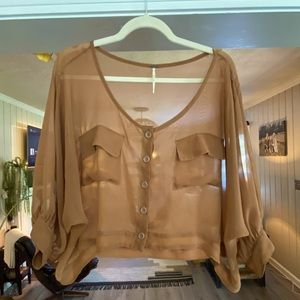 FREE PEOPLE brown sheer crop blouse